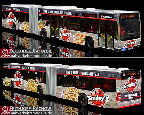 Rietze Busmodell Sondermodell Mercedes-Benz O 530 Citaro G Euro vier Facelift Hamburger Hochbahn Aktiengesellschaft mit Werbung Smiley's Pizza
